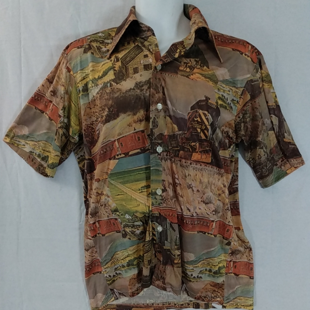 Vtg Donegal Polyester Shirt Men's L Trains Club Disco Hippie Button Up Down